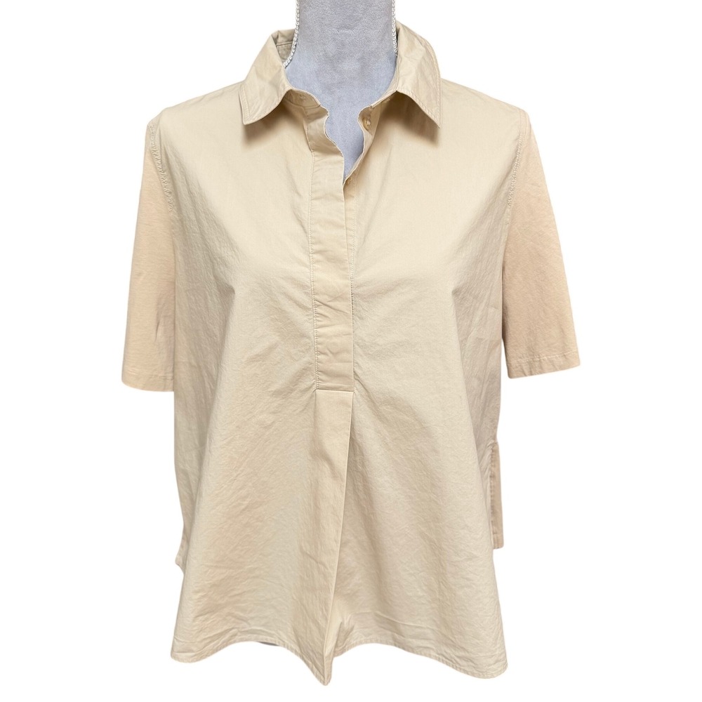 COS Women Beige Short Sleeve Cotton Mixed Media Poplin Shirt S Minimalist Tan
